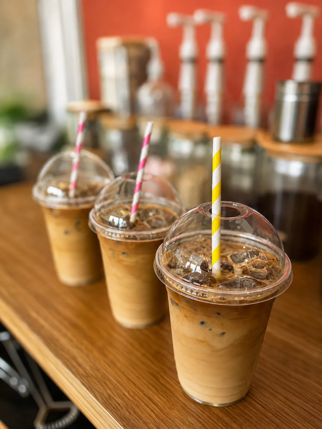 Iced coffees lined up on the café counter at Blend Coffee Shop